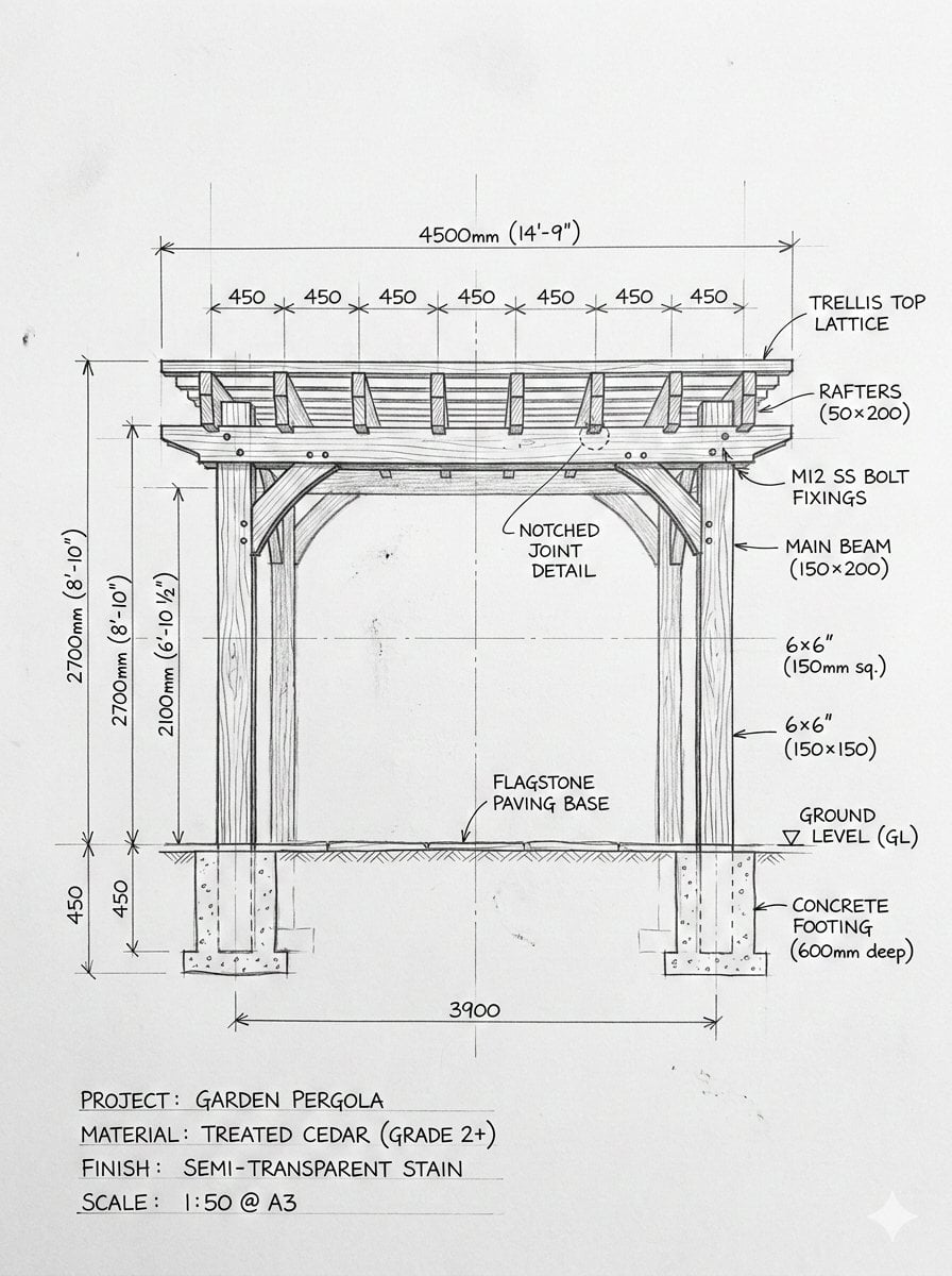 Pergola Blueprint Prompt: Hand-drawn architectural pencil sketch of a…