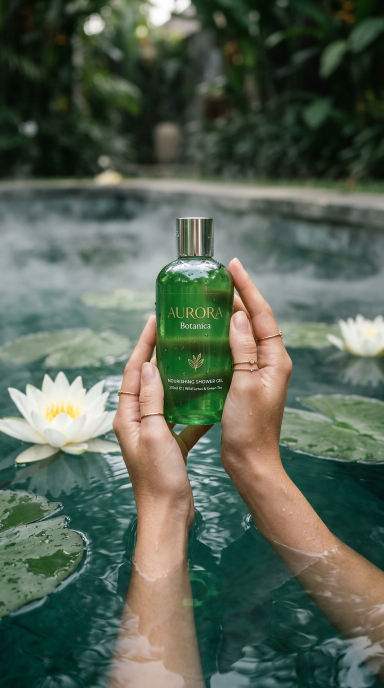 Luxury product photography of a green translucent bath and shower gel…