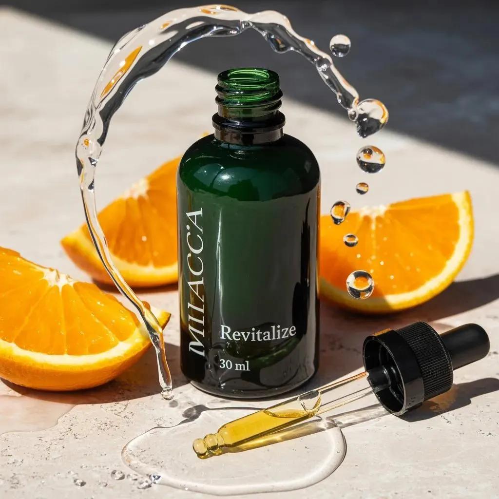 Ultra-realistic premium skincare serum bottle (dark green glass with…