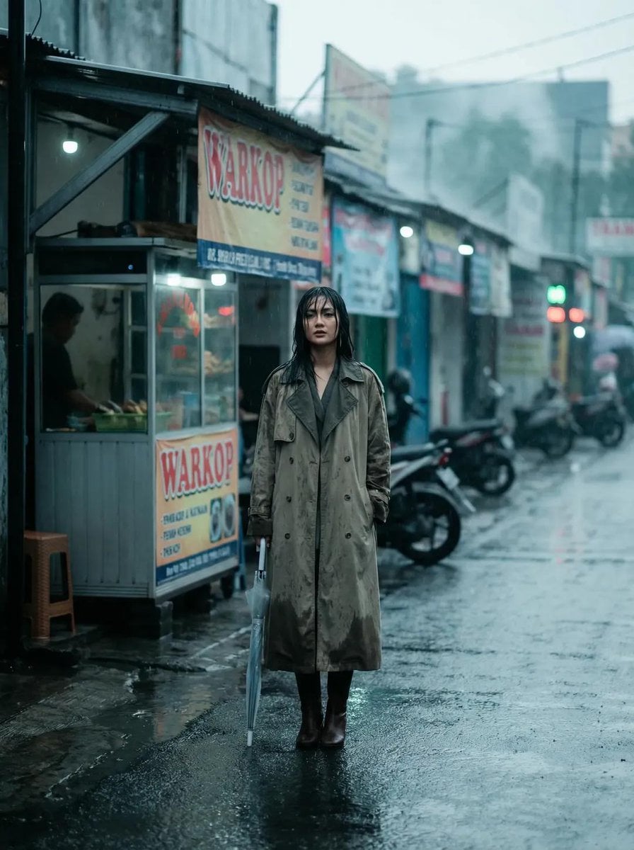 Full body fashion editorial of a beautiful Indonesian woman, wet pave…