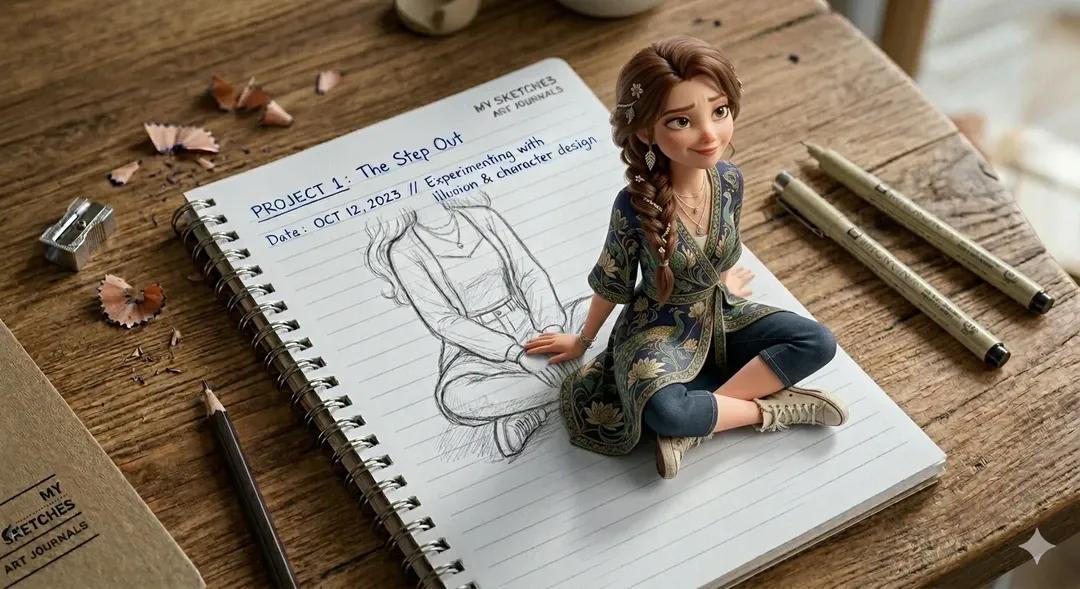 A creative 3D illusion artwork of a cute young girl stepping out of a…