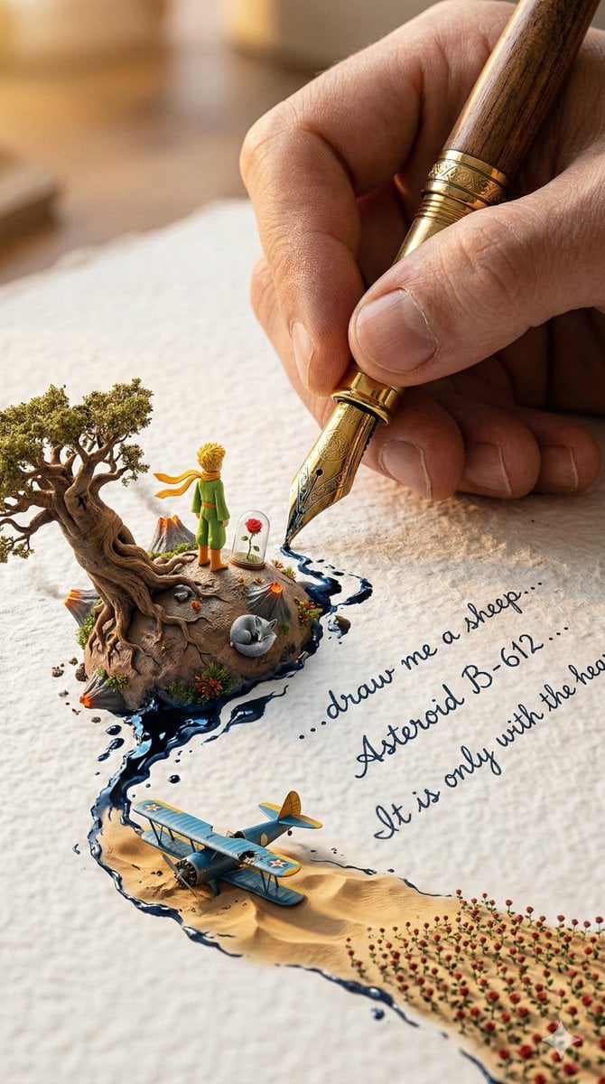 A colossal hand gripping an enormous vintage fountain pen, captured in vertical portrait format (9:16), writi…