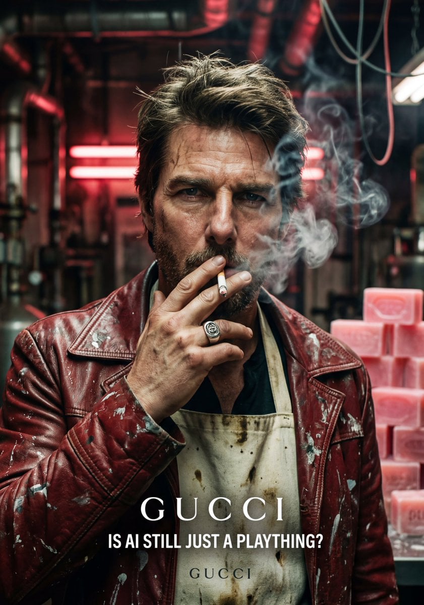 A highly detailed, cinematic portrait of Tom Cruise, featuring a gritty, industrial aesthetic. He has messy,…