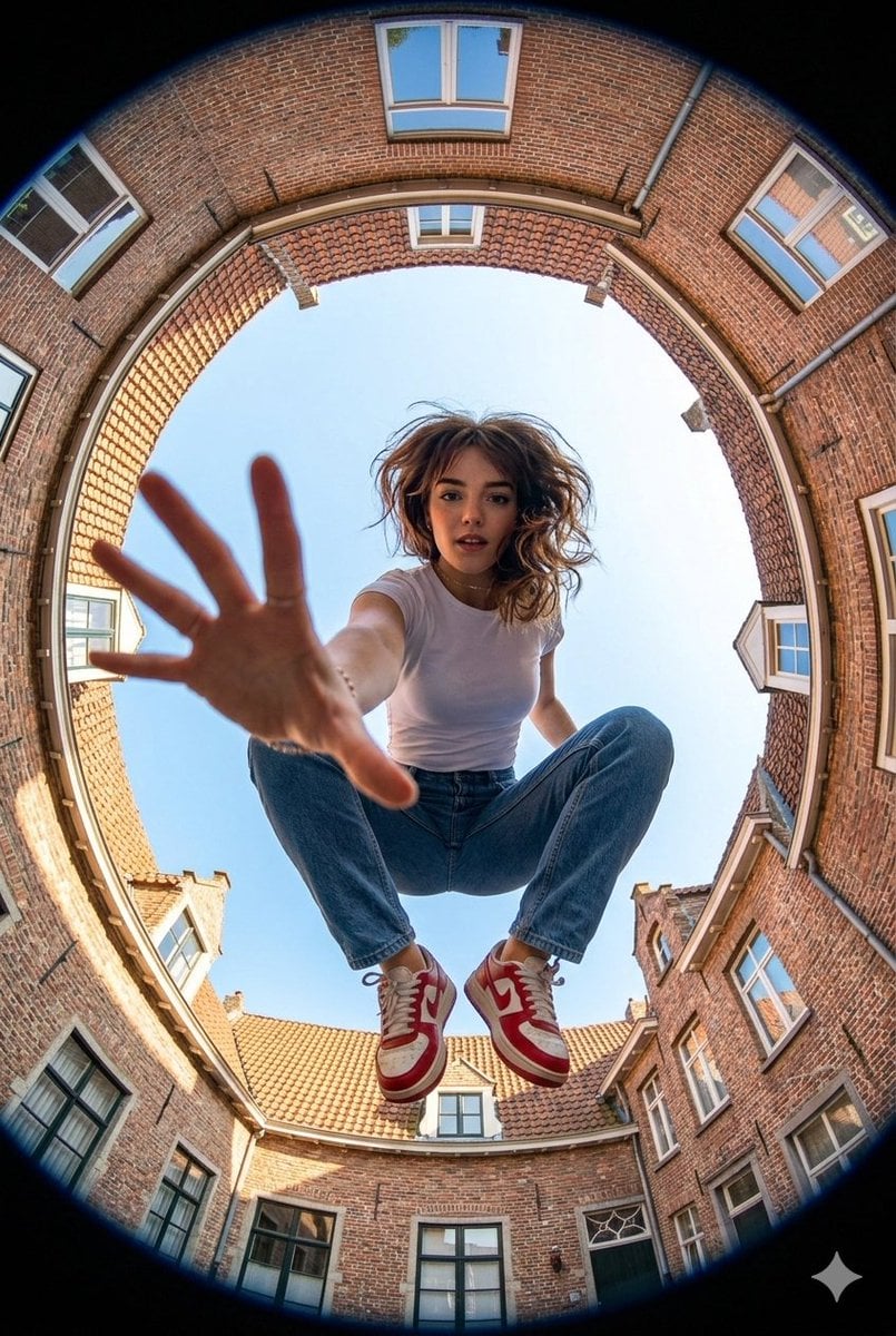 Make an Ultra-wide fisheye lens perspective shot from ground level looking straight up at a young woman use i…