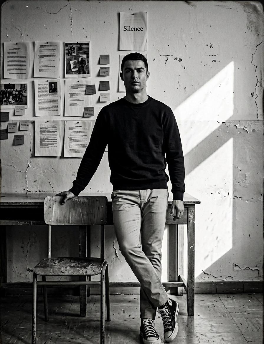 Create a high-contrast black and white portrait in a quiet classroom.…