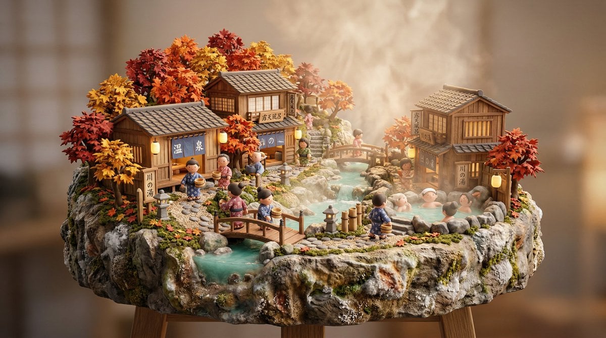 3D miniature scene, a [JAPANESE ONSEN VILLAGE] with [wooden bathhouse…