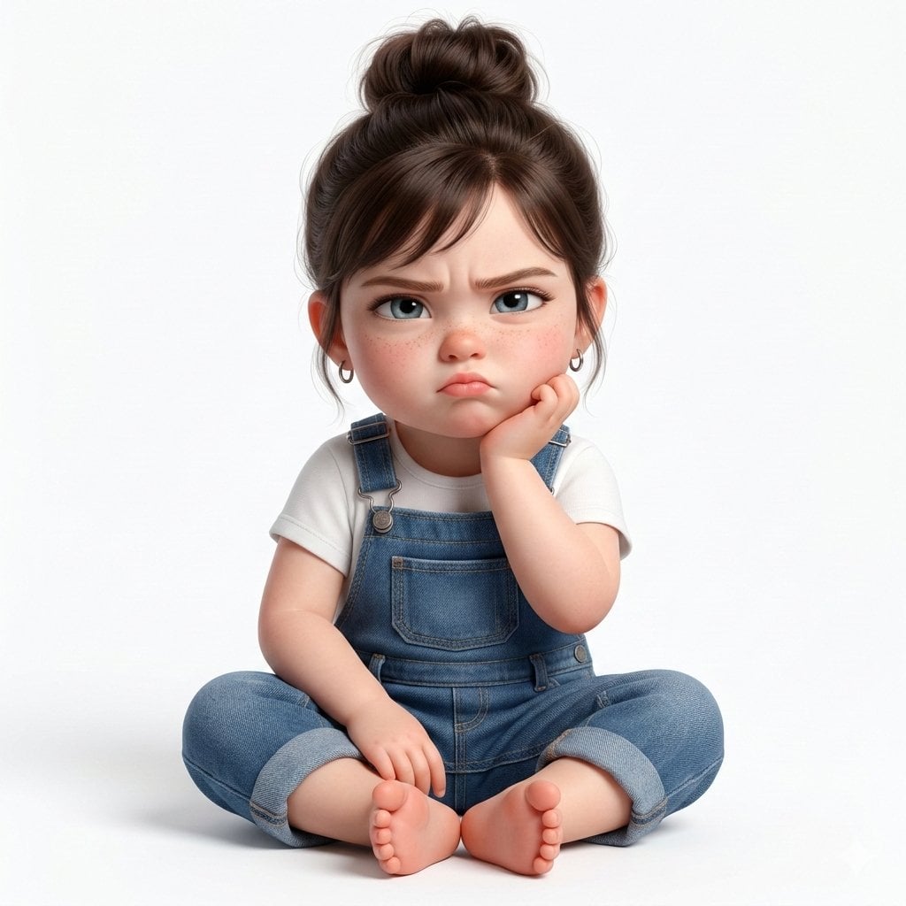 Create a super cute, hyper-realistic 3D render of a toddler girl who…