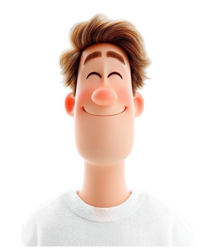 3D avatar of a man, with a happy face on a white background, no necks…