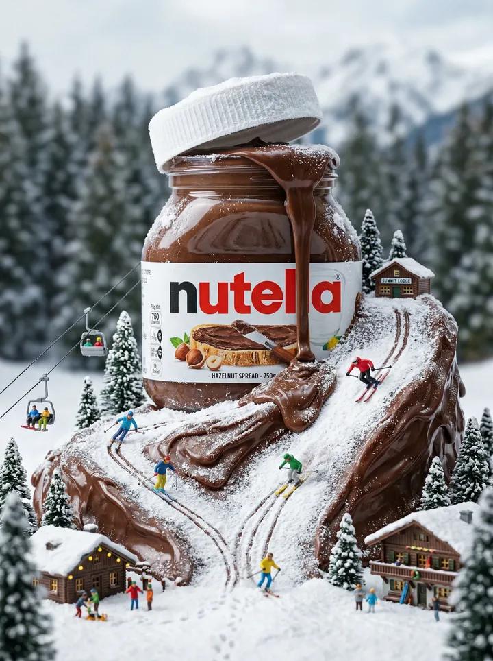 cinematic miniature winter world built around a giant Nutella jar thi…