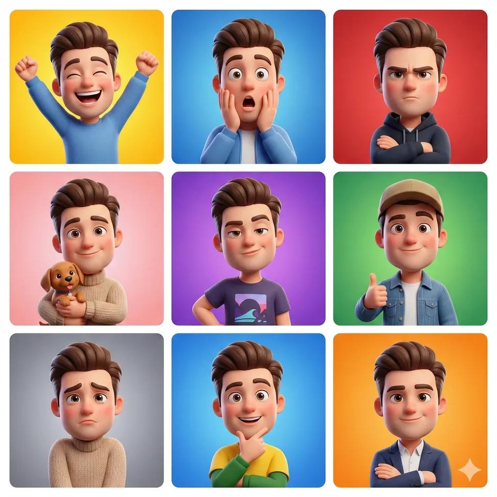 3D cartoon avatar character showing different emotions arranged in a…