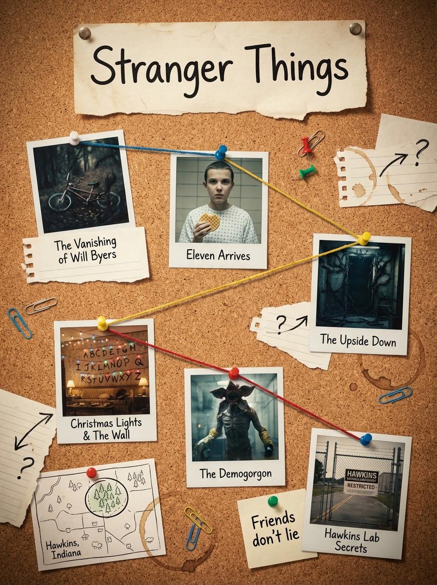 Generates a clean, cinematic 1080×1080 corkboard layout that visually summarizes the story of movie using Pol…