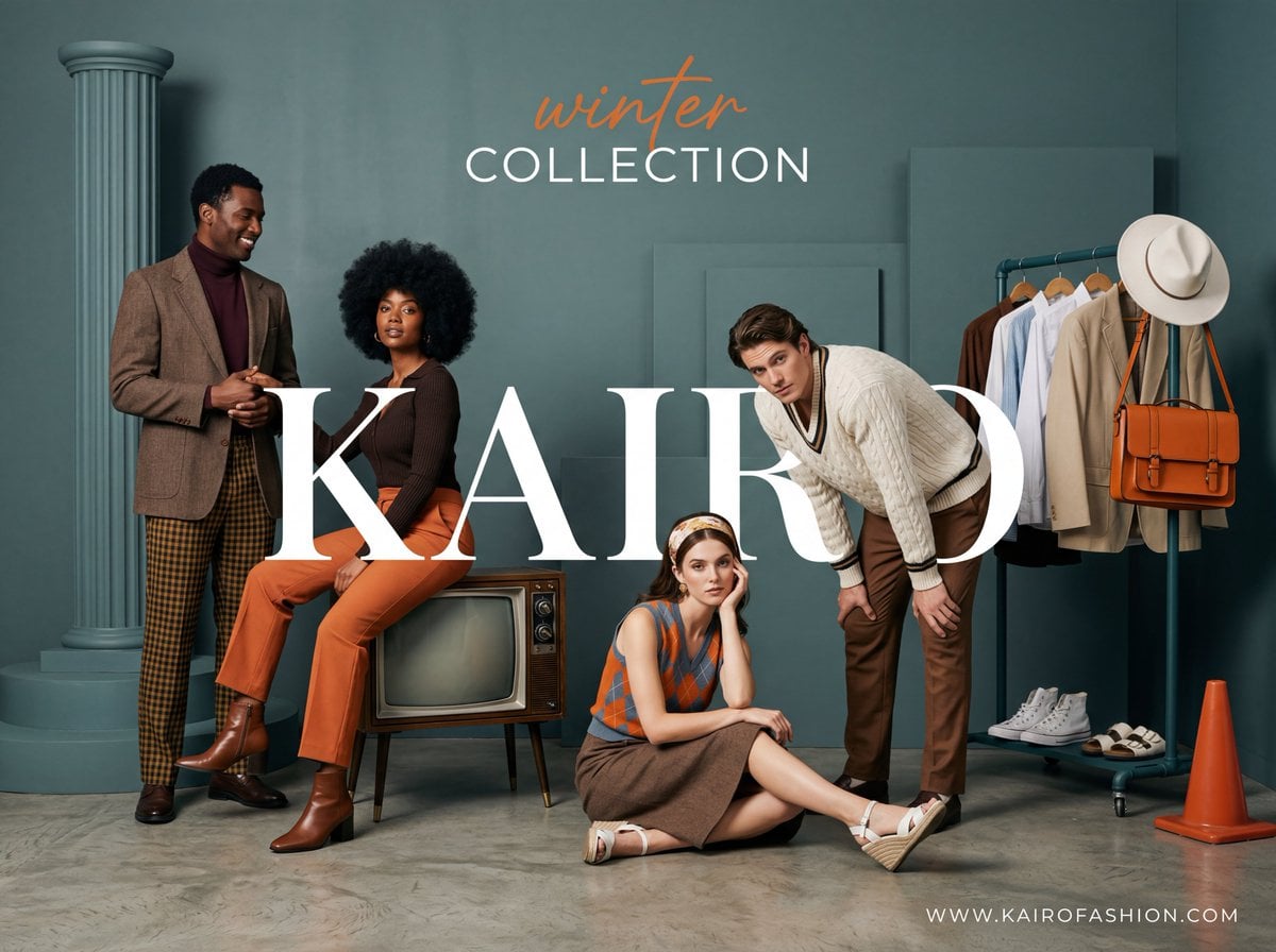 A wide-angle, studio fashion advertisement with a sophisticated retro-modern aesthetic. The scene is set agai…