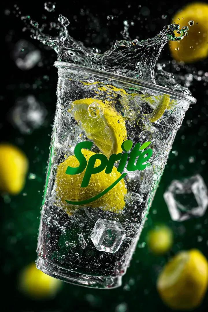 A transparent cup filled with fresh Sprite lemon soda floating in the…