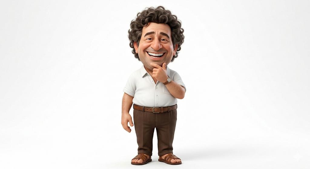 A highly detailed 3D caricature of a cheerful man with an oversized head, a big smile showcasing large teeth,…