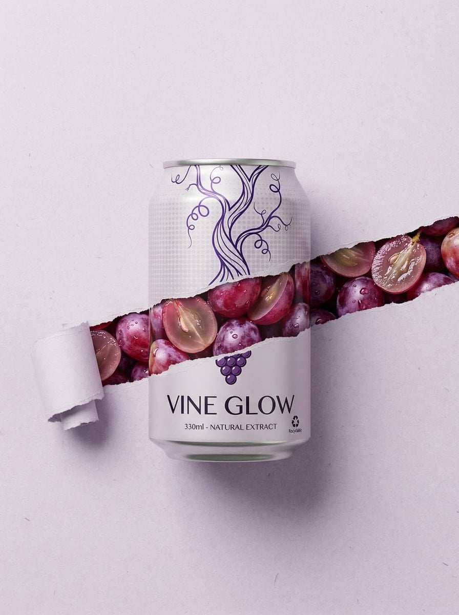 Grape Can – “Vine Glow” Minimalist product photography of a 330ml alu…