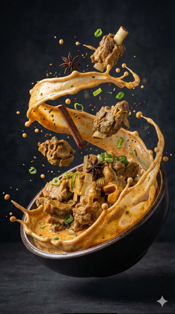 Ultra-realistic cinematic food photography of a bowl of rich spicy me…