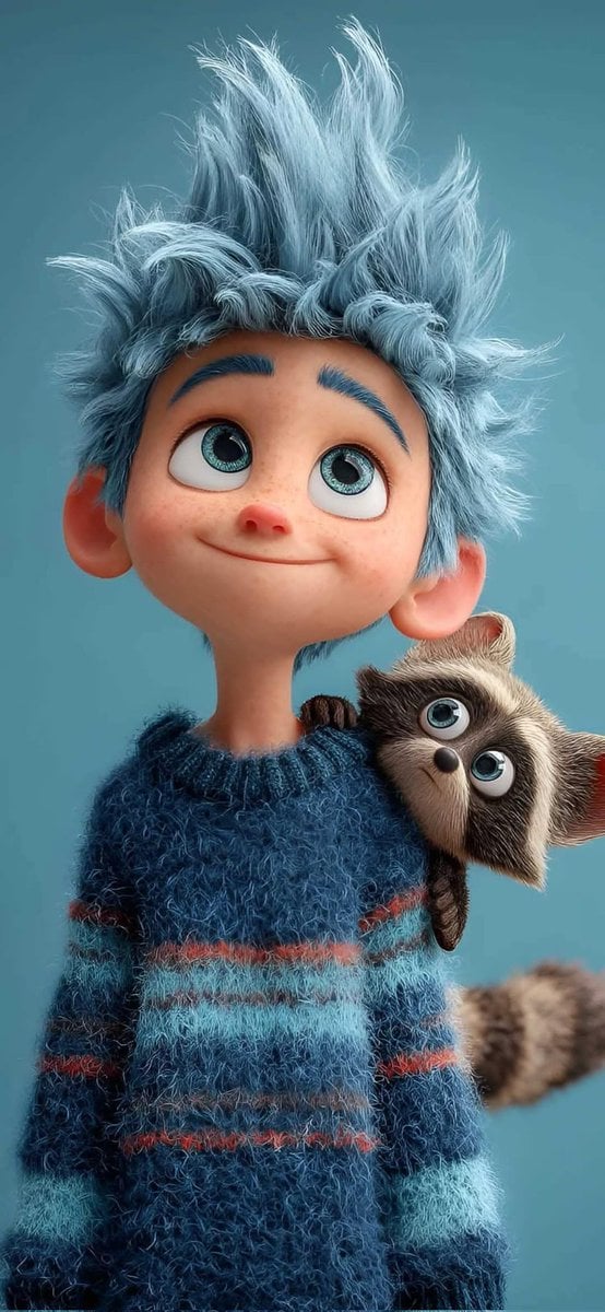 Cute stylized 3D animated boy with messy fluffy blue hair and big exp…