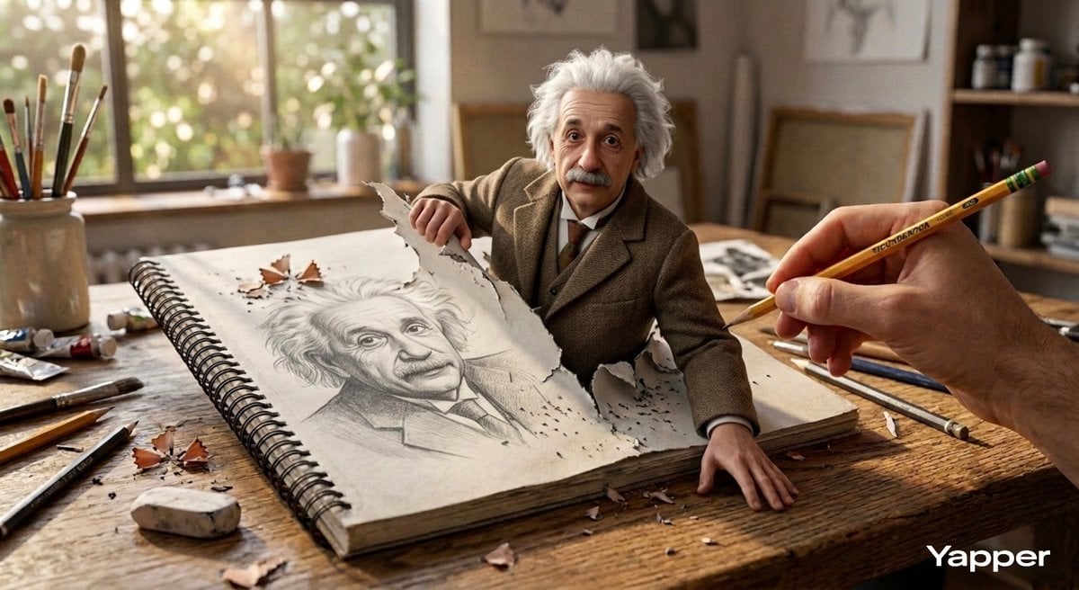 Hyper-realistic 3D illustration of Albert Einstein emerging from the…