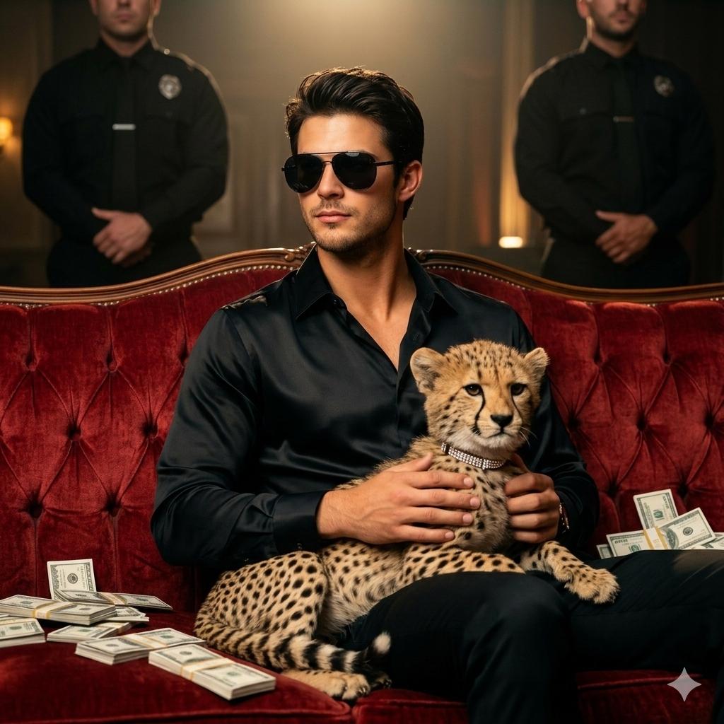 Using the reference picture, create A stylish man sitting on a luxuri…