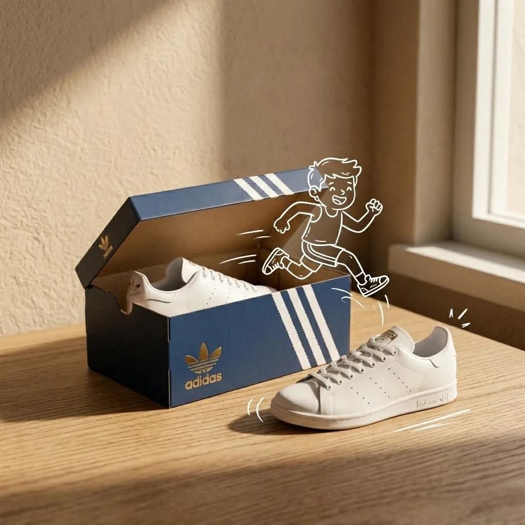 Adidas sneakers in the box, minimalist product photography, clean warm studio scene, textured beige wall in t…
