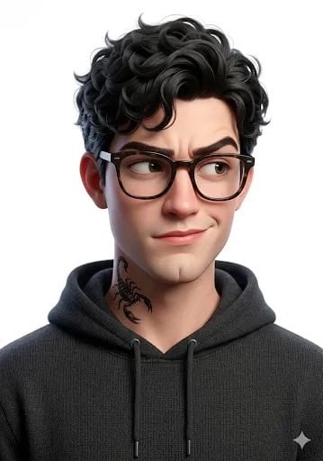 3D stylized character portrait of a young man, curly dark hair, weari…
