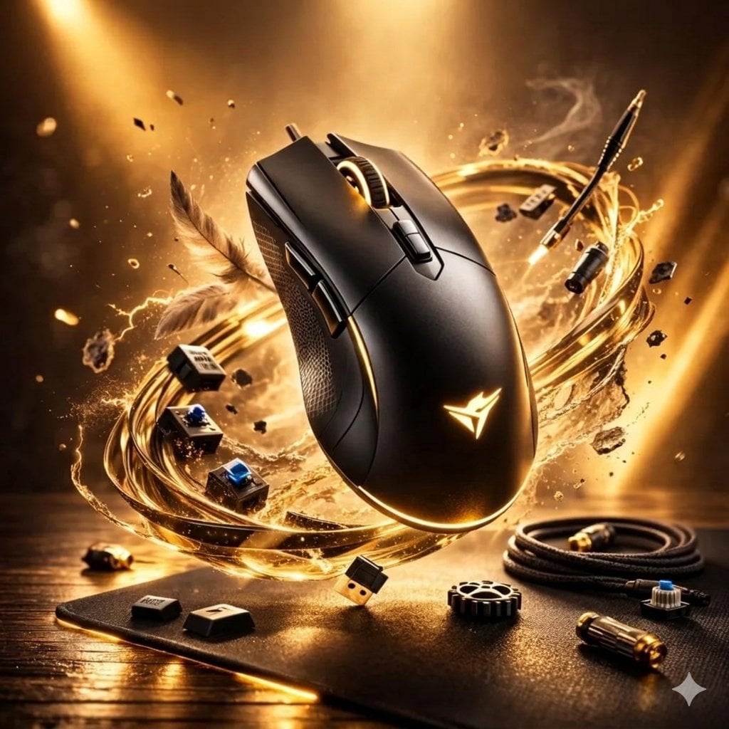 Ultra-realistic gaming mouse floating above a desk, surrounded by glo…