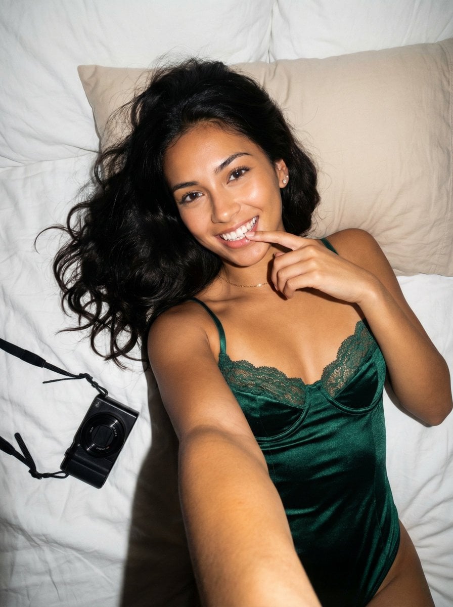 A young woman with long dark wavy hair spread out behind her. She has…