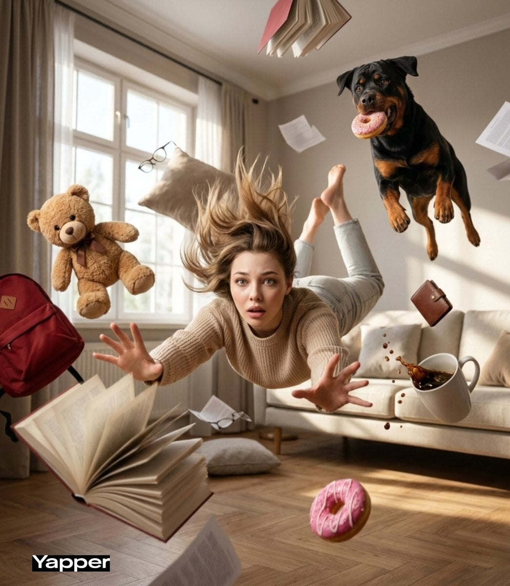 Cinematic surreal scene of a young woman falling forward through a swirling vortex of everyday objects inside…