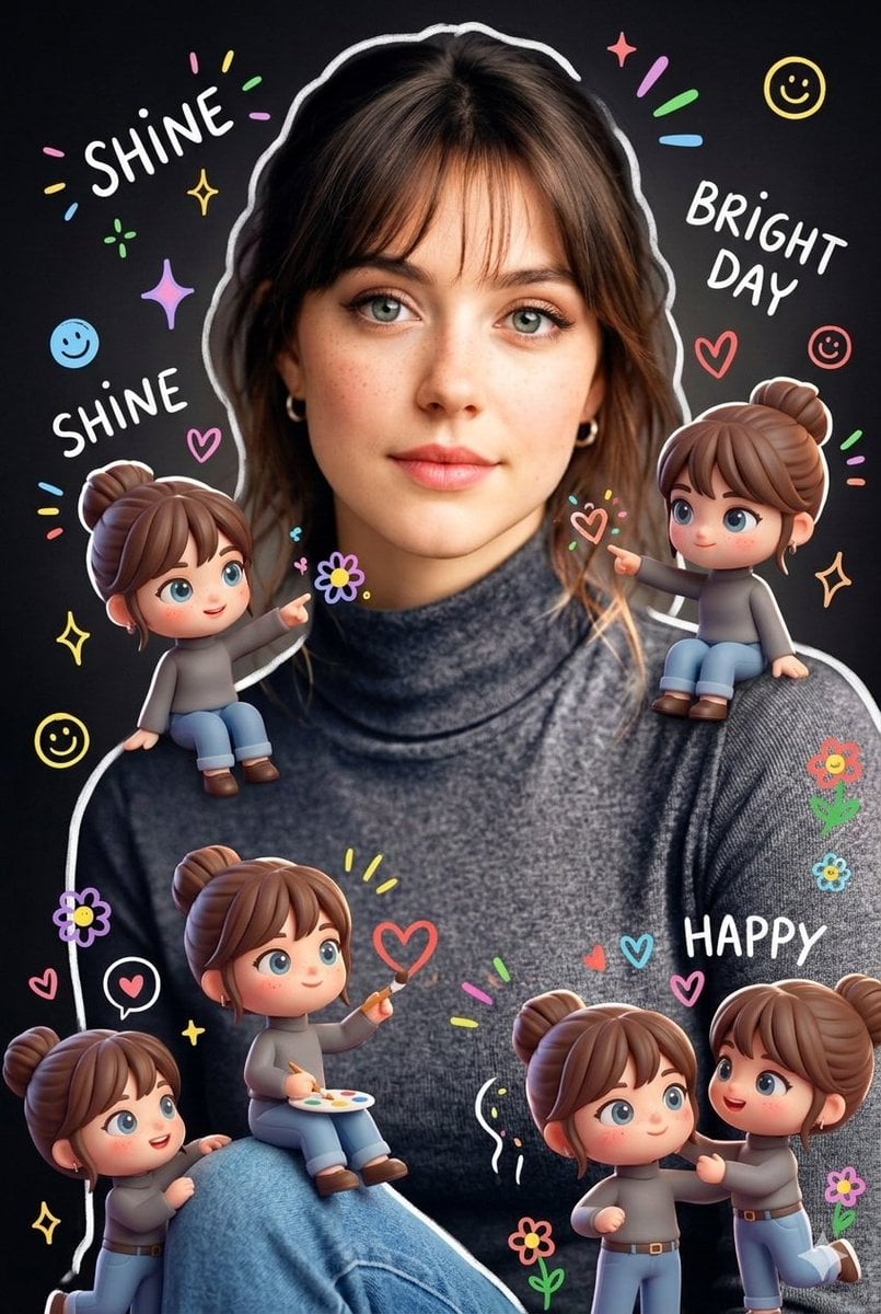 Surrounding the realistic main subject are multiple cute, 3D-style ch…