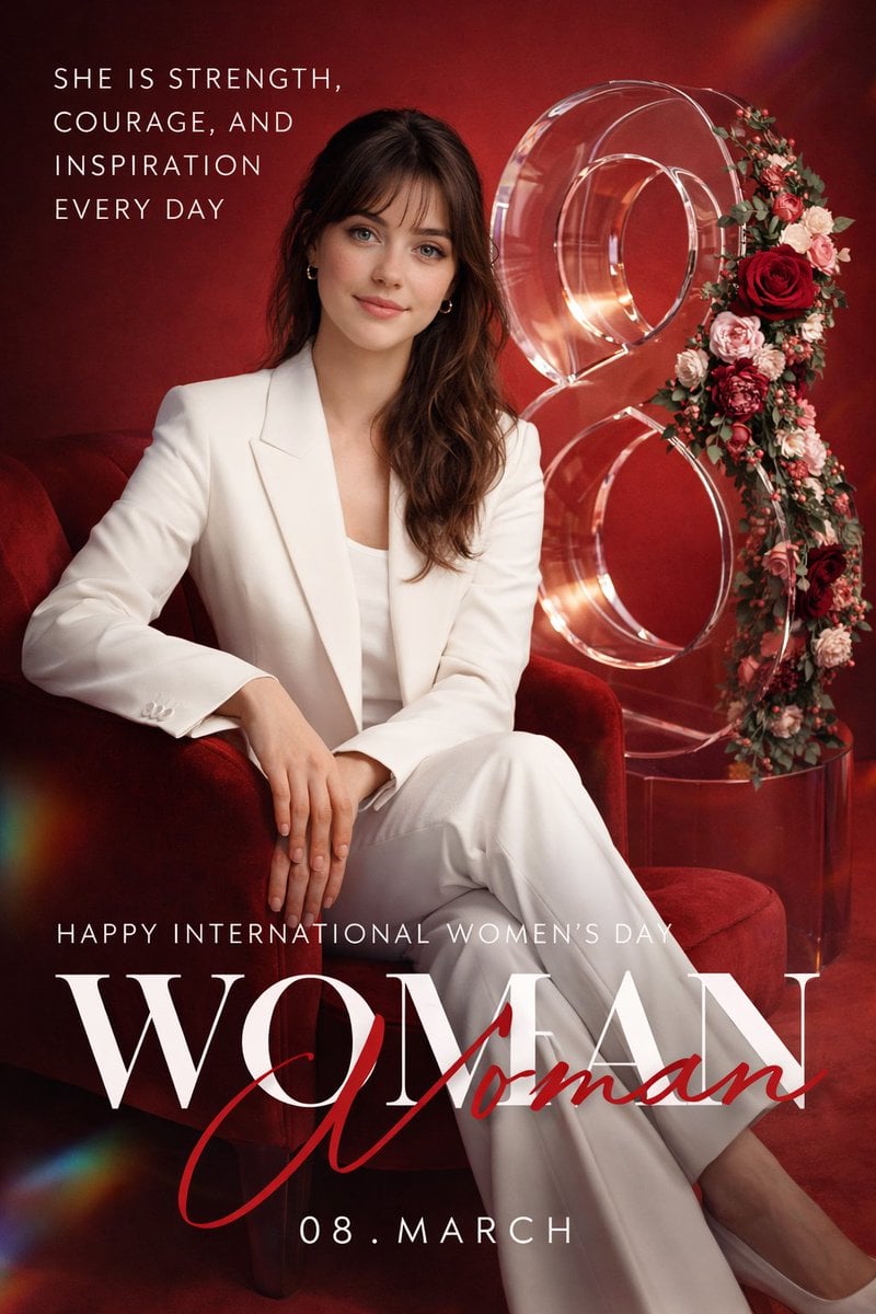 Create a high-end promotional poster for International Women's Day, d…
