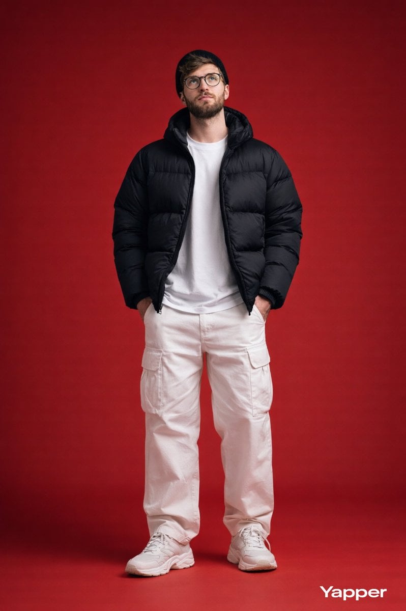 Ultra-realistic full-body studio fashion portrait of a stylish young…