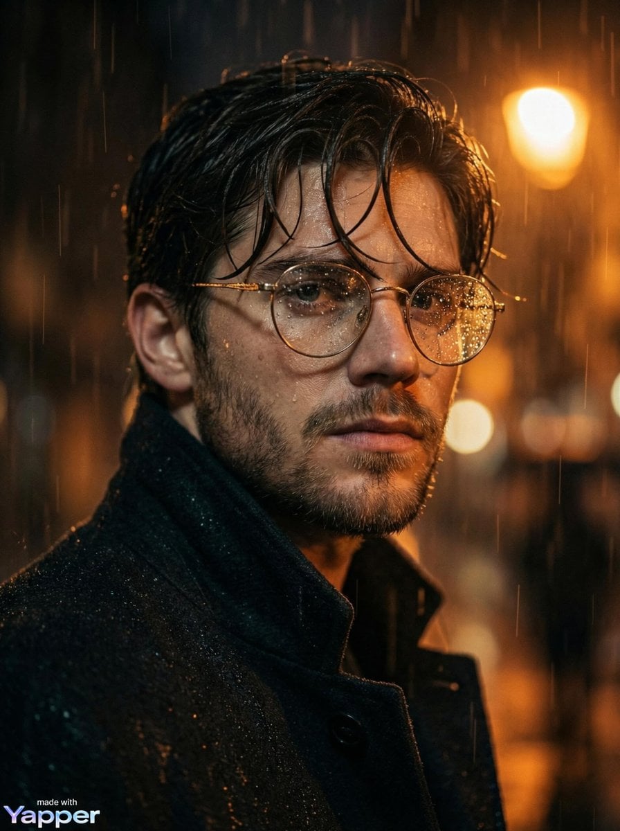 Cinematic close-up portrait of a young man standing in heavy rain at…