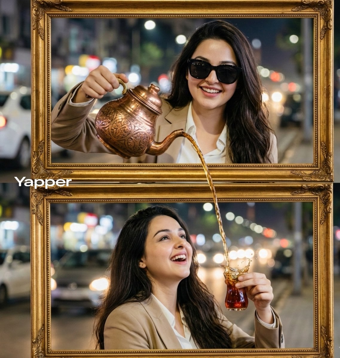 Ultra-realistic cinematic two-frame composition. In the top golden vi…