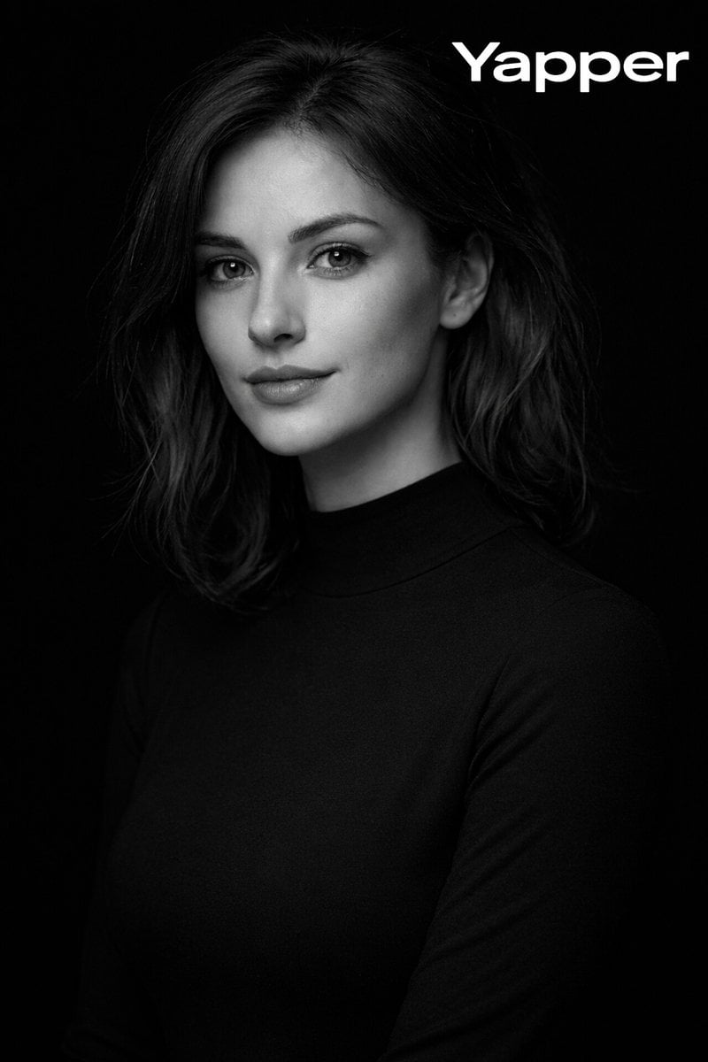 High-contrast monochromatic studio portrait of a European woman aroun…