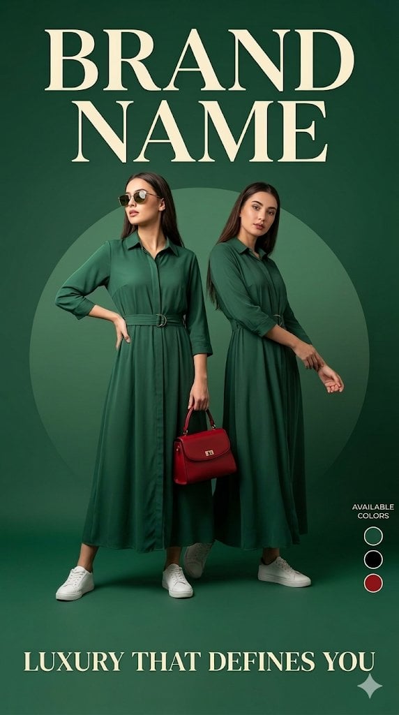 Luxury fashion advertisement poster, deep green background with a sof…
