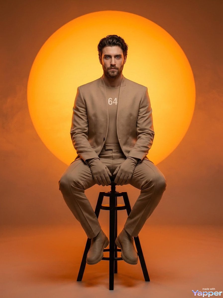 A man with short curly hair and light facial hair sitting on a tall black stool, centered composition, wearin…