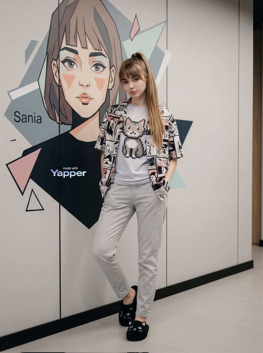 image generation stylish young woman standing casually beside a moder…