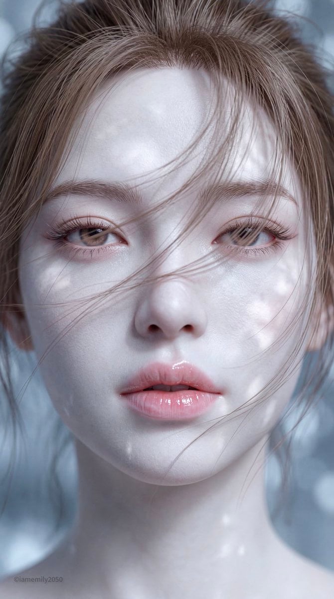 intent summary An extreme close-up of an Eastern female face in a 3D…