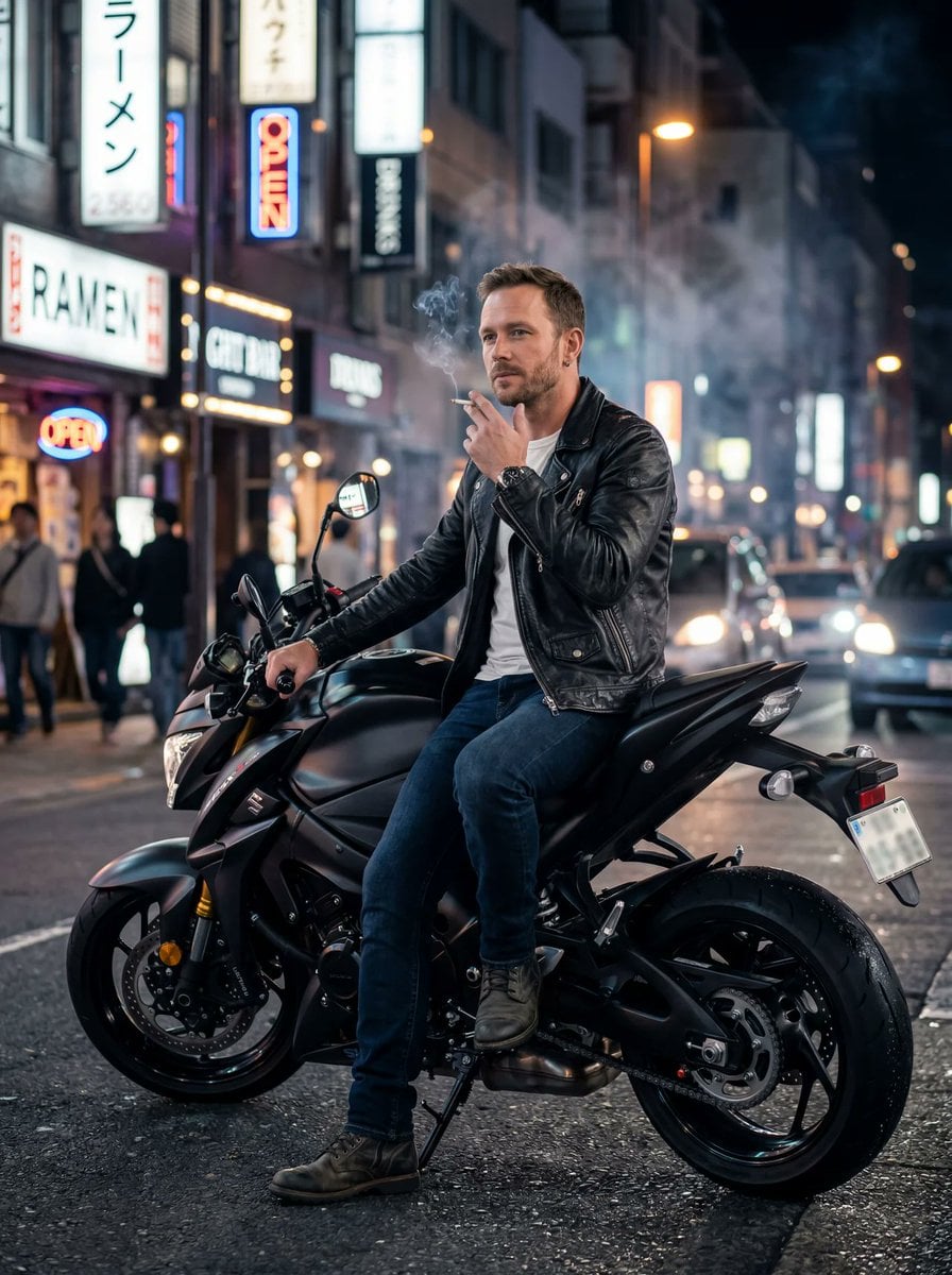 photorealistic adult man smoking a cigarette while sitting on a motor…