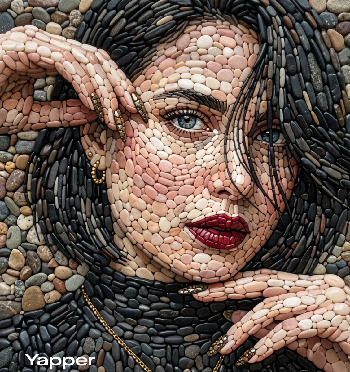 A highly detailed pebble mosaic portrait of a beautiful woman, where the entire image is constructed from tho…