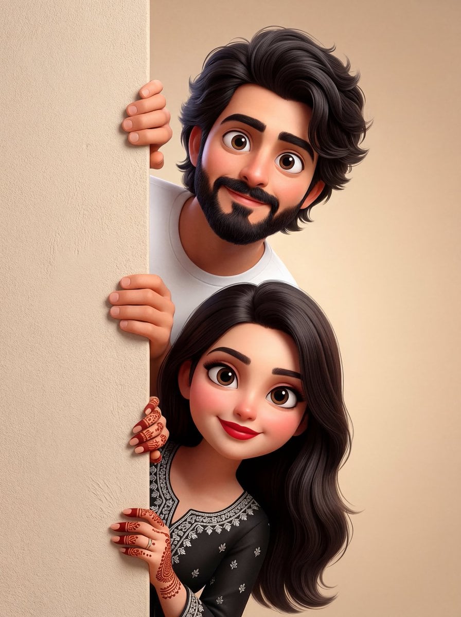 High-quality stylized 3D Pixar/Disney style cartoon illustration of a man and woman playfully peeking from be…