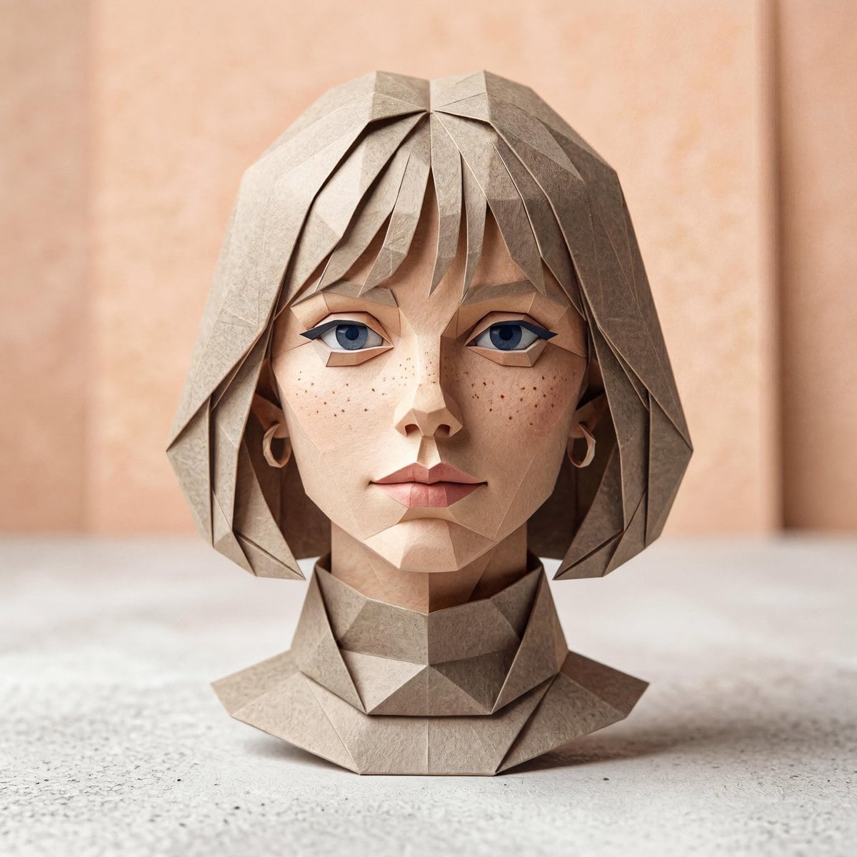 A hyper-detailed origami-style version of a person, folded from high-quality paper with crisp, clean edges an…