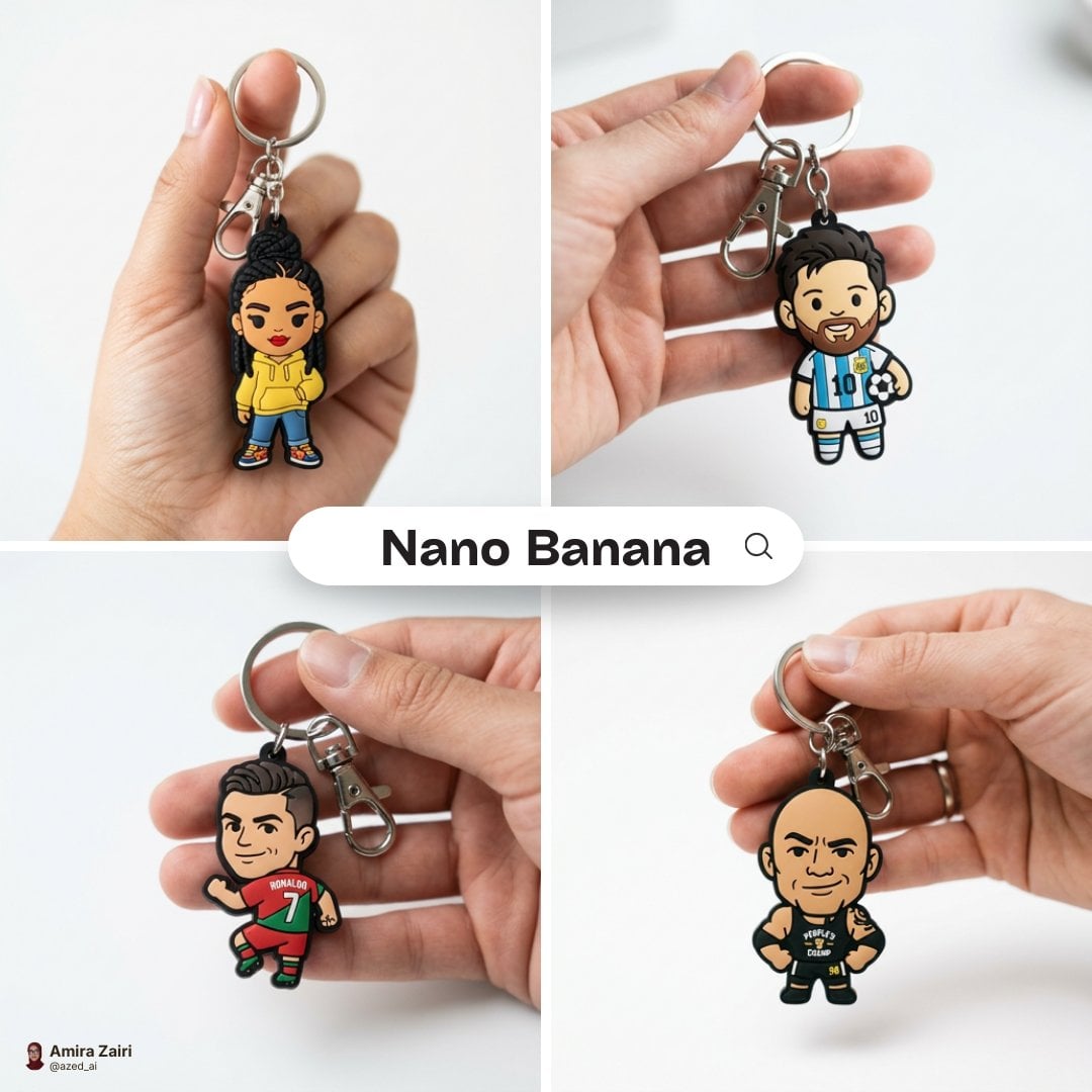 Close-up photo of a cute, colorful rubber keychain held gently in a person’s hand. The keychain features a ch…