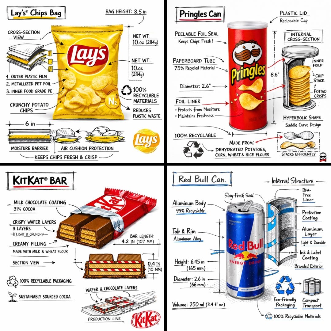 Create a branded technical infographic of a [SNACK], combining a realistic photograph or photoreal render of…