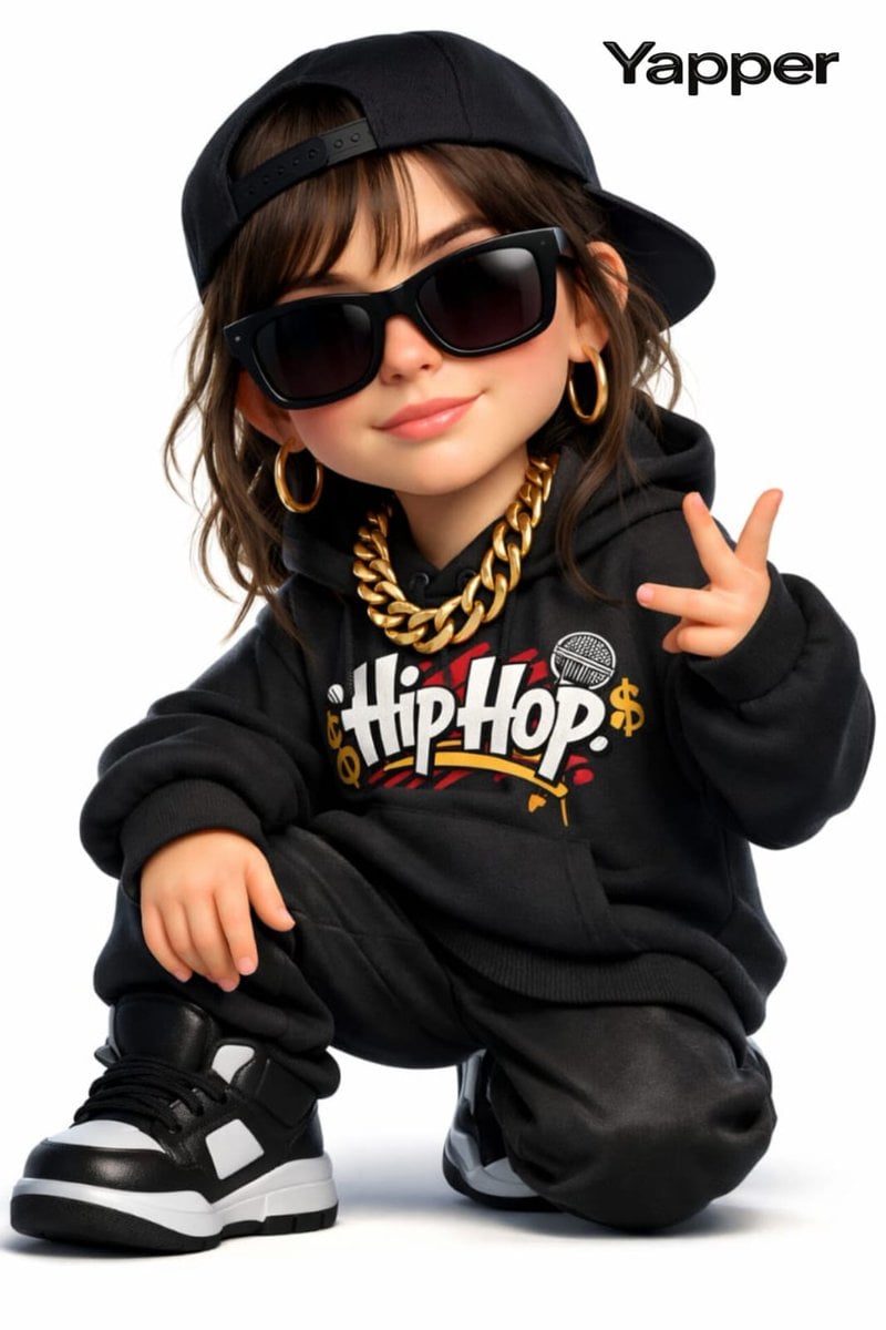 Create a 3D cartoon-style woman with a rap style (the face is inspire…