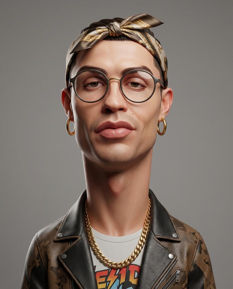 Create an exaggerated stylized 3D caricature character portrait with strong intentional deformation and a cle…