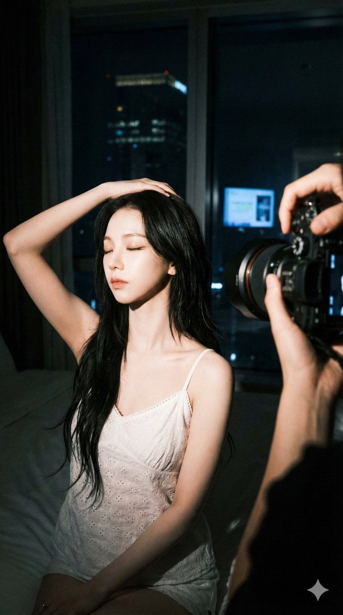 Behind-the-scenes indoor photography at night, high-contrast. The sub…