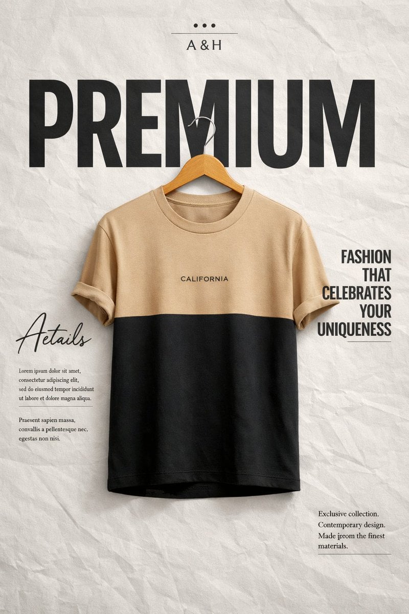 Create a high-end minimalist fashion advertisement poster. Background: light grey wrinkled paper poster textu…