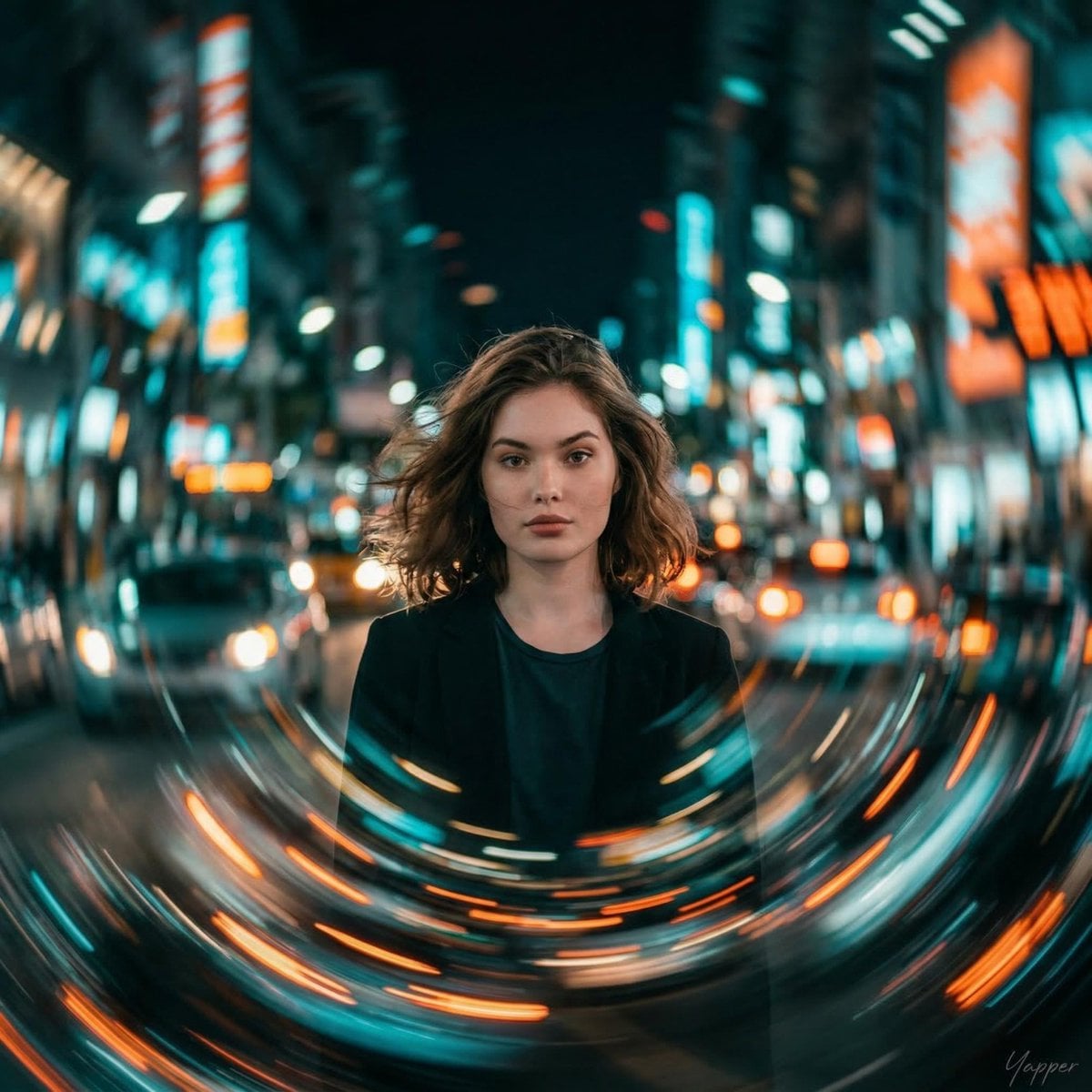 cinematic portrait of a young woman standing perfectly still as the c…
