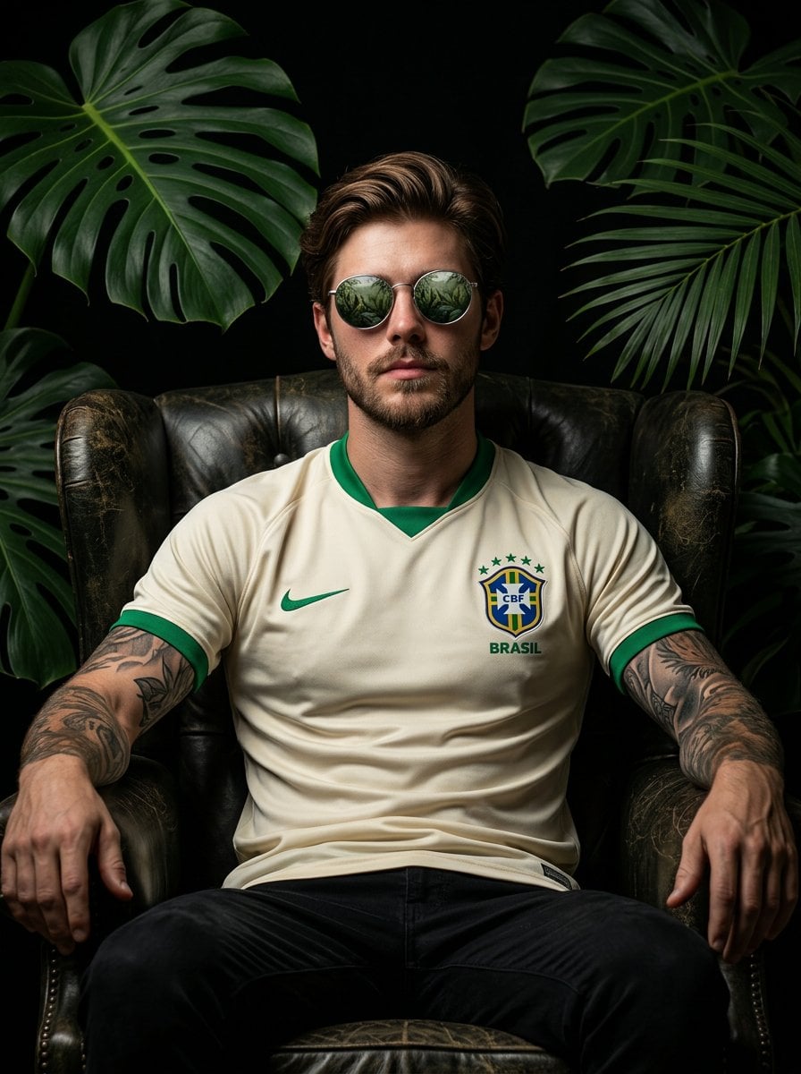 Cinematic portrait of a confident football player sitting on a dark a…